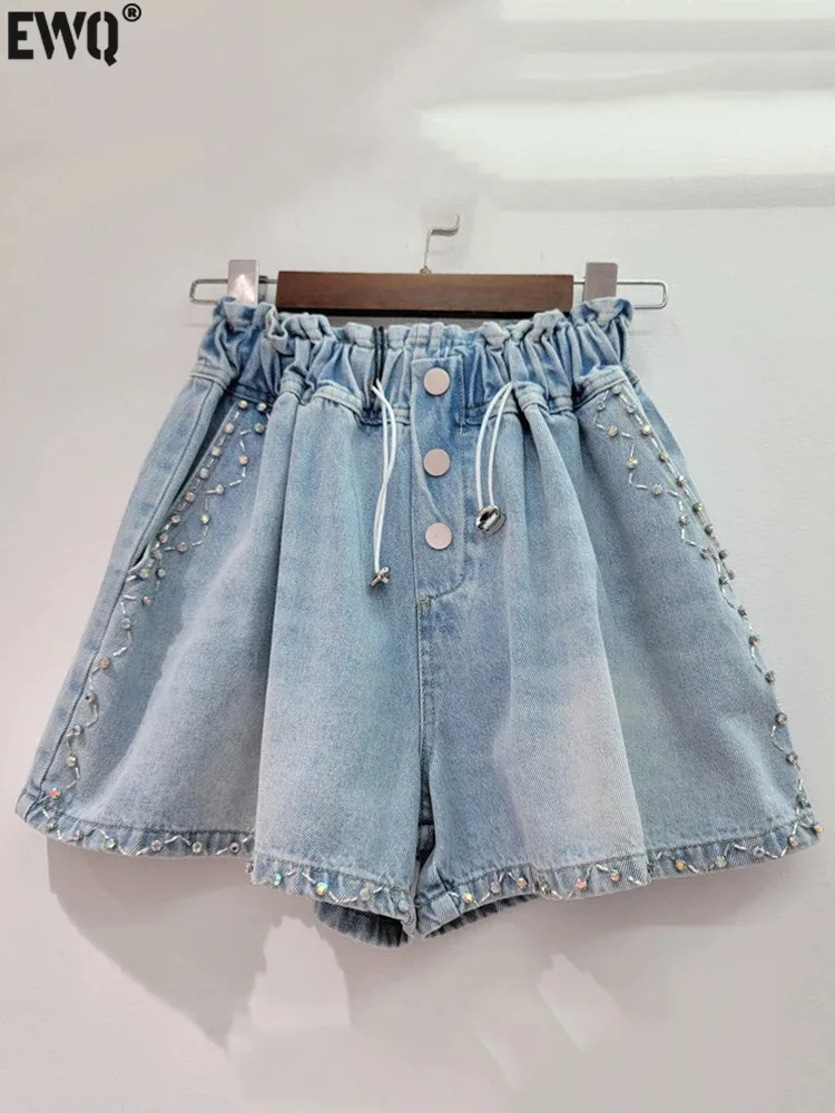 

[EWQ] Casual Fashion Drawstring Diamond Studded Bead High Waist Loose Denim Wide Leg Shorts For Women 2024 Spring Summer 16U9049