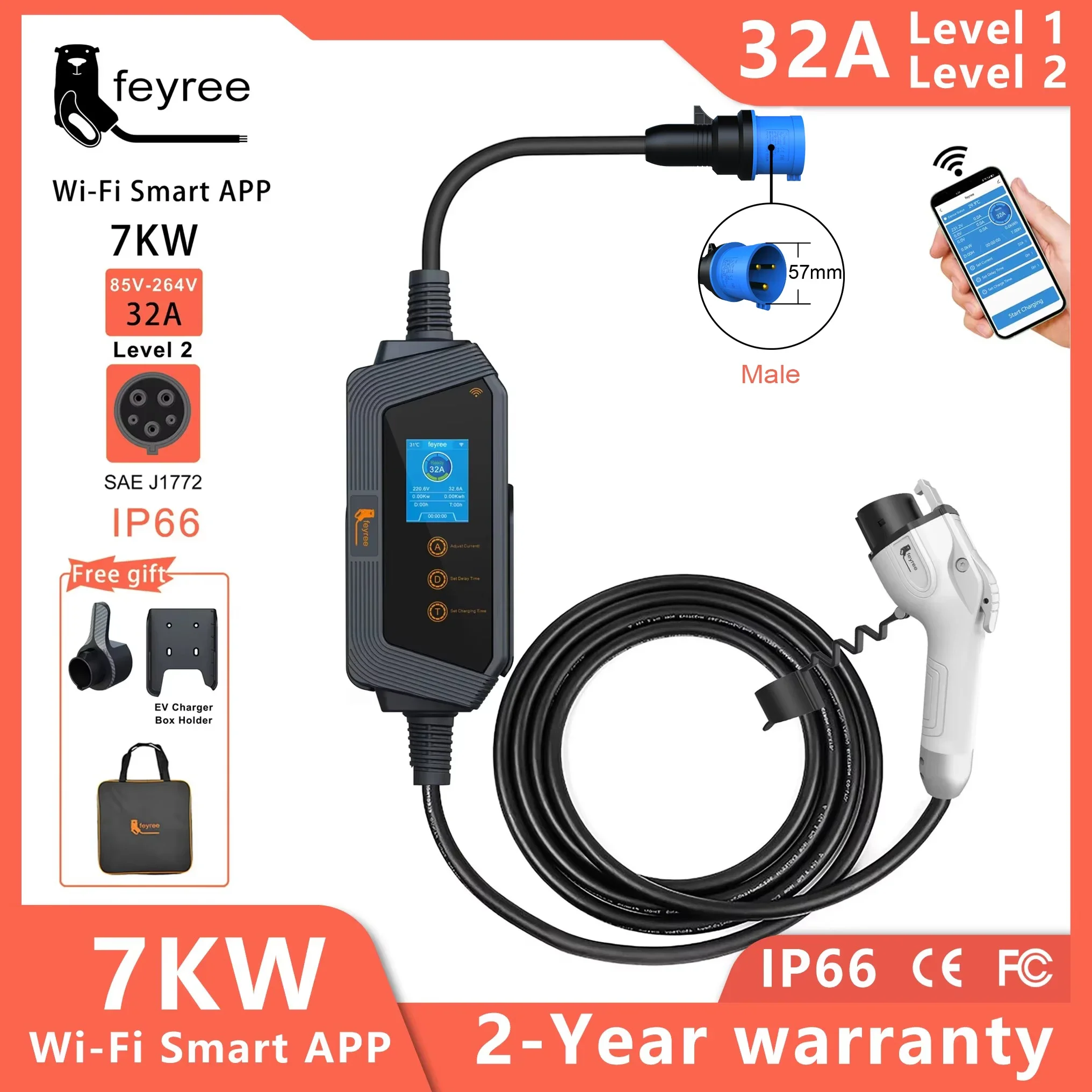 feyree Type1 50A 40A 32A 1Phase Portable EV Charger J1772 Socket Fast Charging Smart APP WIFI Control Version for Electric Car