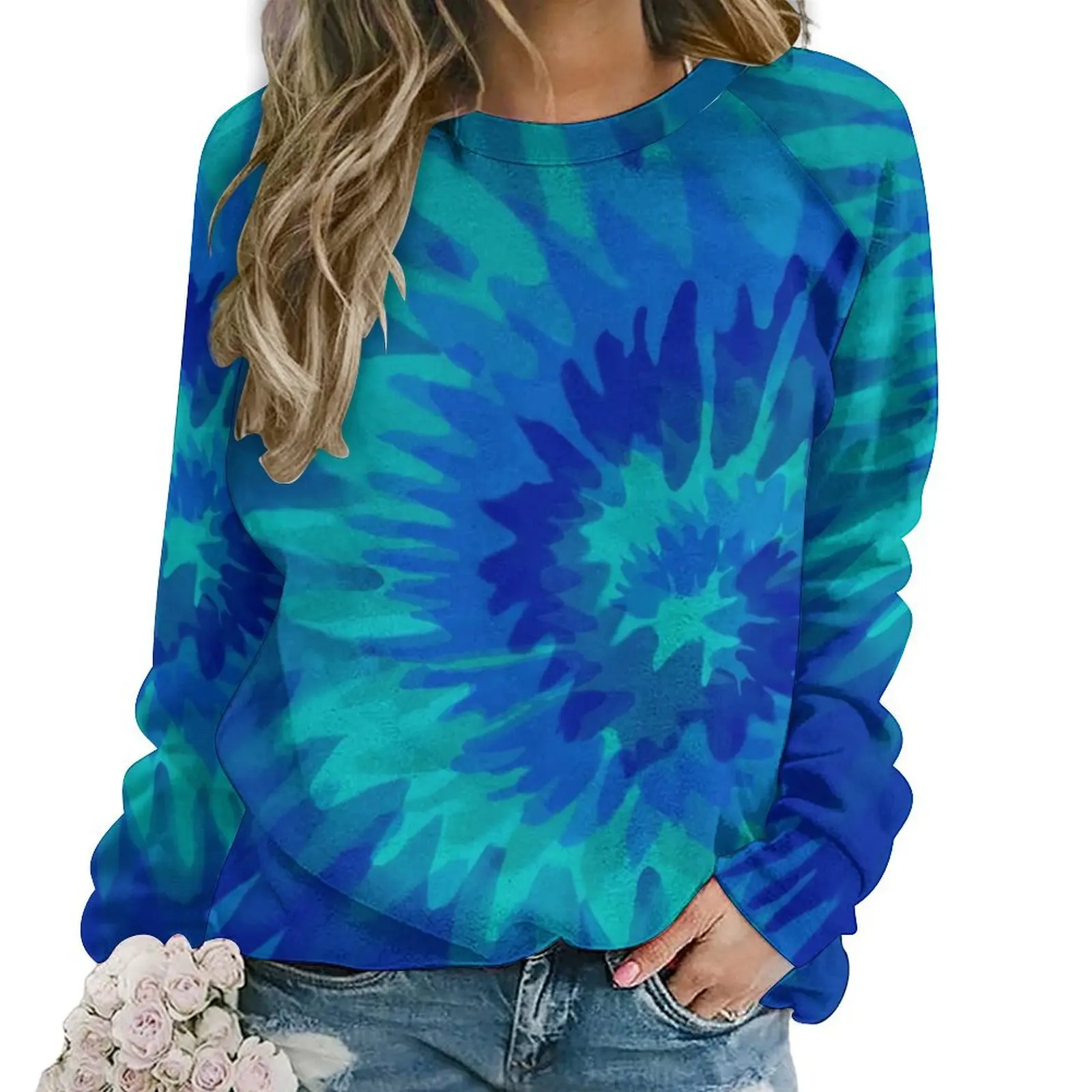 Blue Vibrant Tie Dye Casual Hoodies Retro Swirl Print Modern Graphic Hoodie Autumn Long-Sleeve Streetwear Oversize Sweatshirts