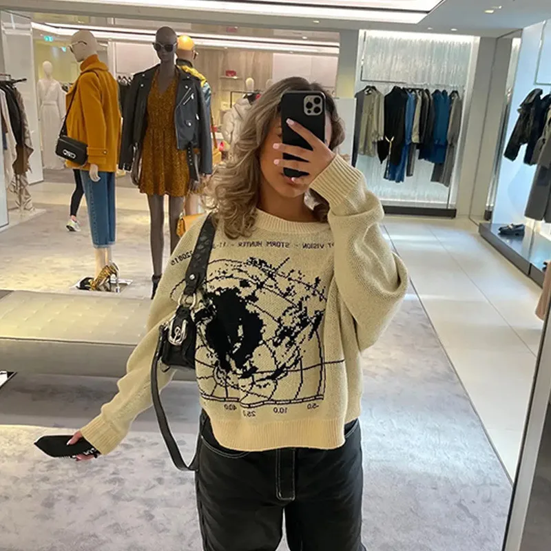 2023 nuovo autunno e inverno transfrontaliero Europa e America mappa del vento lavoro a maglia moda allentata Joker girocollo pullover manica lunga