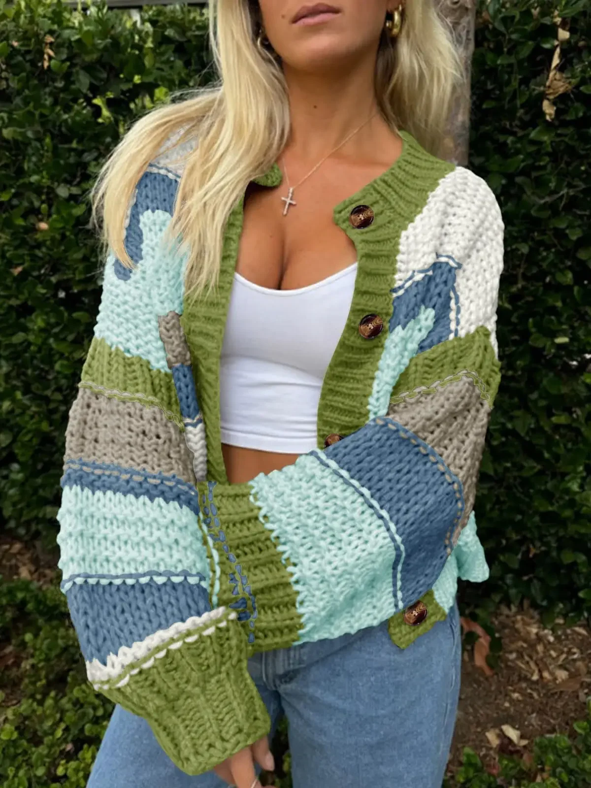 Amazon Crossborder Autumn Fashion Ladies Striped Thick Needle Button Color Block Stitching Long Sleeve Knitted Sweater Jacket