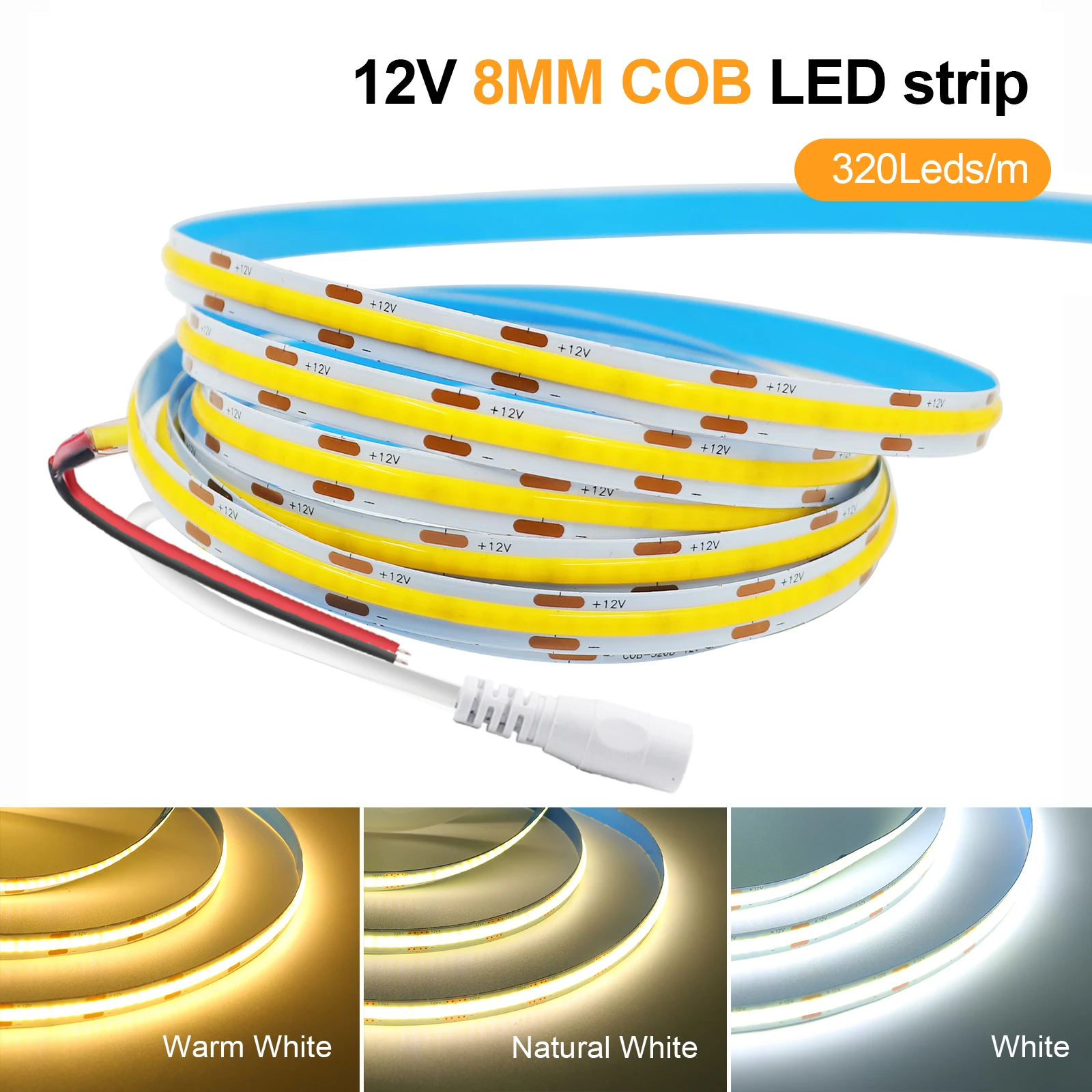 

COB LED Strip Light High Density Linear Lighting 8mm 320Leds/m Flexible Tape Warm Natural White Red Blue Green Room Decor DC12V