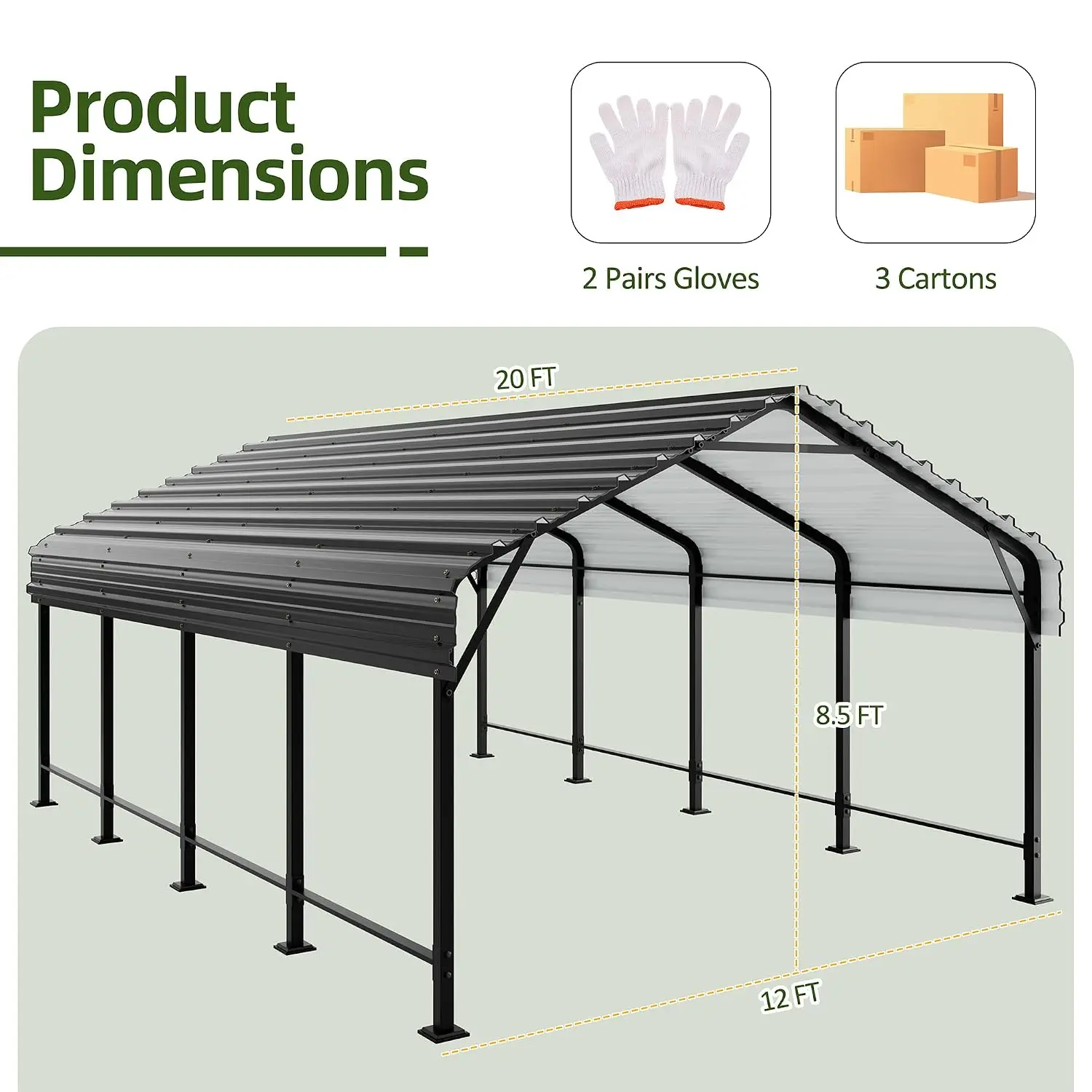Oversized Metal Carport with Enhanced Base, Galvanized Car Shelter Canopy for Car Boat Tractor, 12x20 FT, Customized