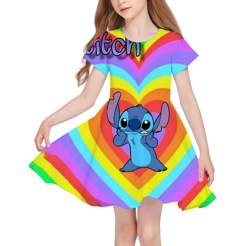 2024 Stitch Dress For Girls Children's Sleep Baby Summer Clothes StrayKids 3d Print Skirt Original Clothing Short-Sleeved Skirt