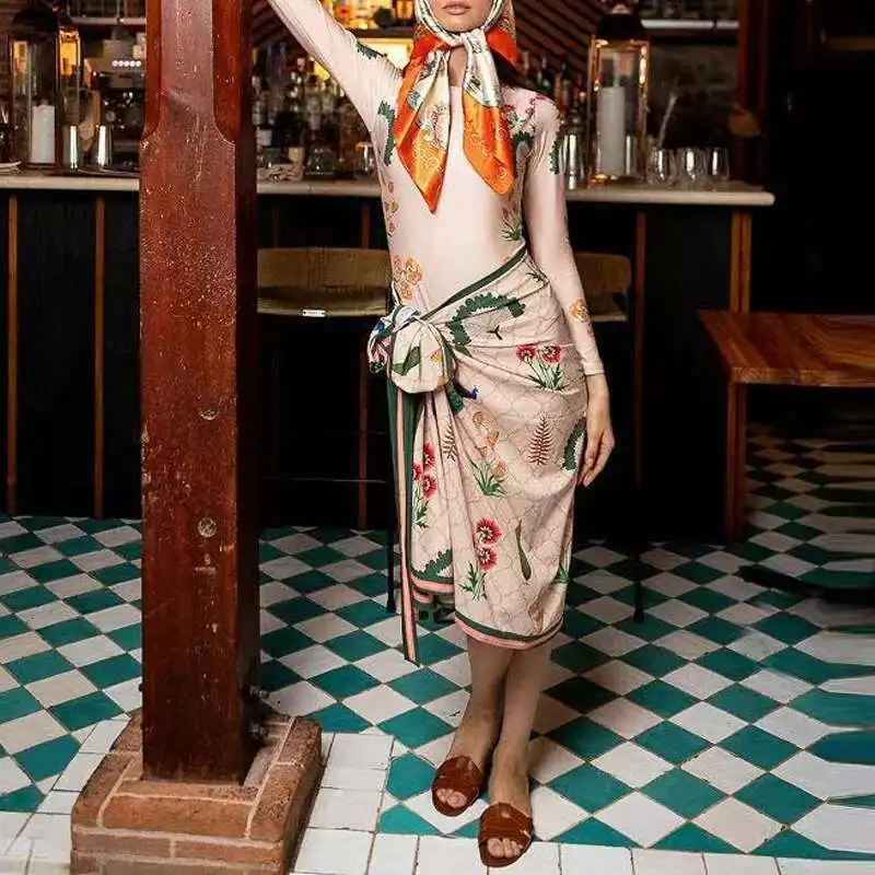 فساتين بيكيني للاستحمام بنمط جديد لعام 2025 غير رسمية بياقة دائرية وأكمام طويلة ملابس شاطئ صيفية بوهيمية برباط ملابس سباحة #3