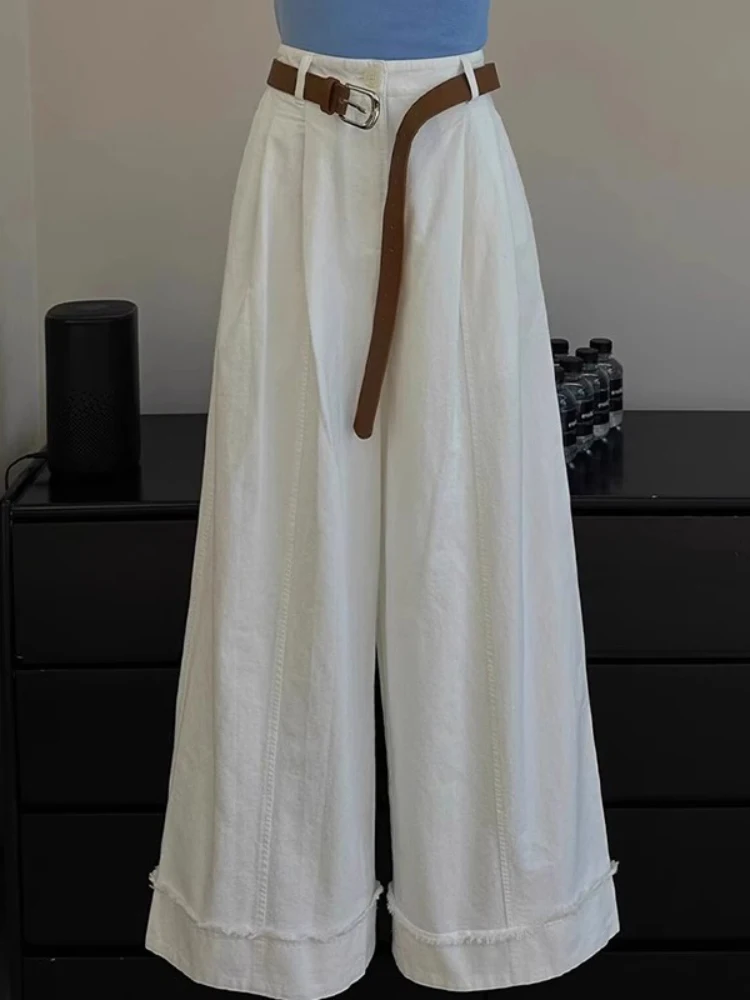 White High Waist Loose Wide Leg Pants Women's Summer Small Size Lazy Style Straight Cut Trousers Long Pants Casual Fashion