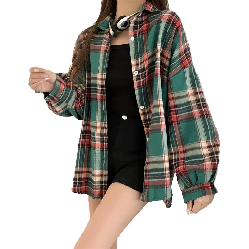 Camicia scozzese verde da donna Camicia abbottonata con colletto a maniche lunghe Camicetta Top da donna Camicie a quadri casual larghe per adolescenti