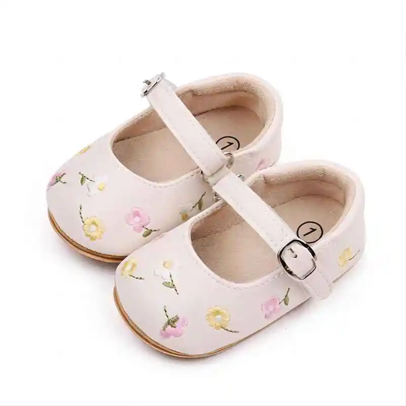 Yibubu beige Babys chuhe bestickte florale Babys chuhe, Mary Jane Flats, Prinzessin Schuhe, rutsch feste Gummis ohle Neugeborene zuerst