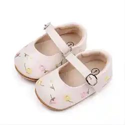 Yibubu Beige Baby Shoes Embroidered Floral Baby Girl Shoes, Mary Jane Flats, Princess Shoes, Non-Slip Rubber Sole Newborn First