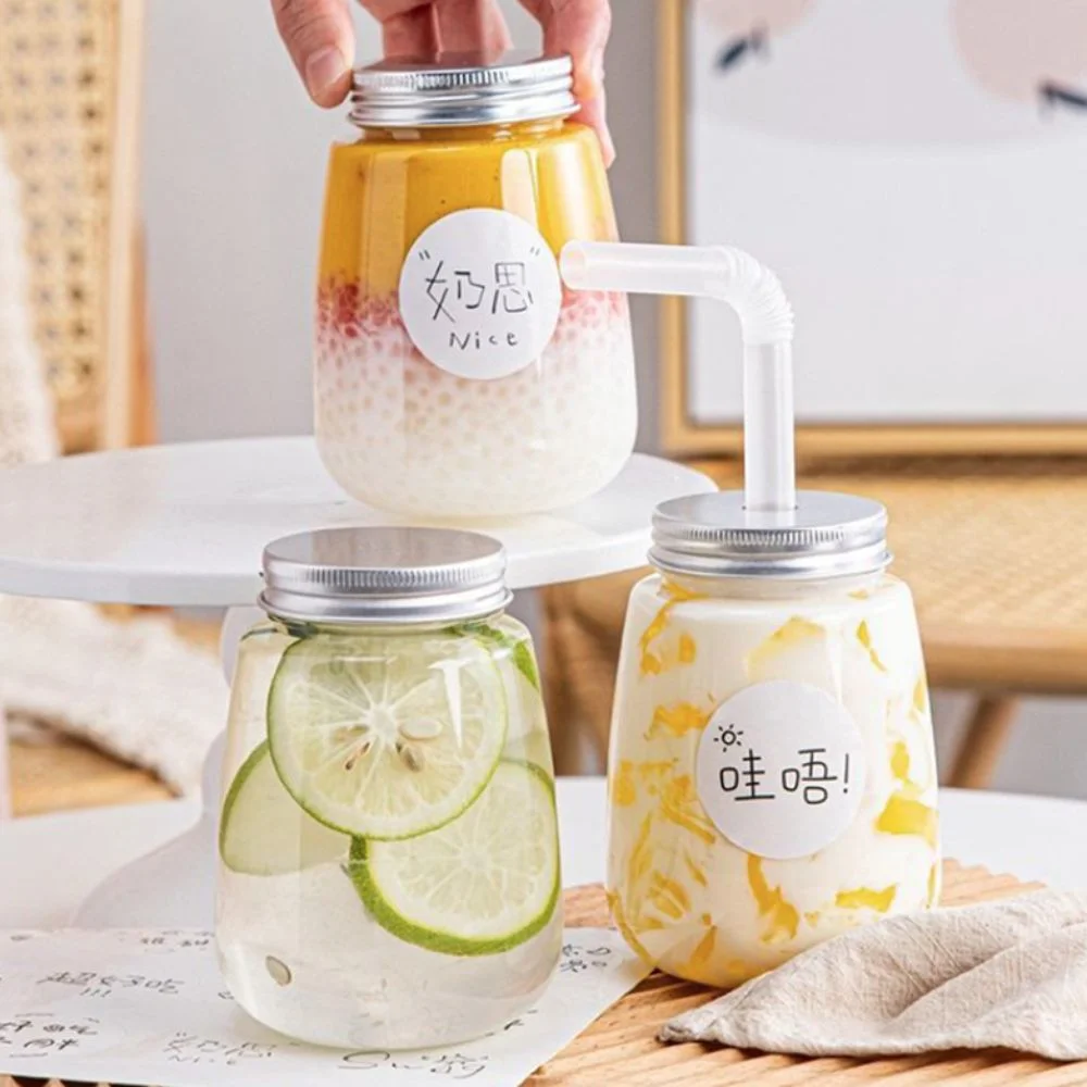 

360/500ml Commercial Juice Bottle Transparent with Straw and Sticker Beverage Bottle Disposable Food Grade Plastic Milk Tea Cup
