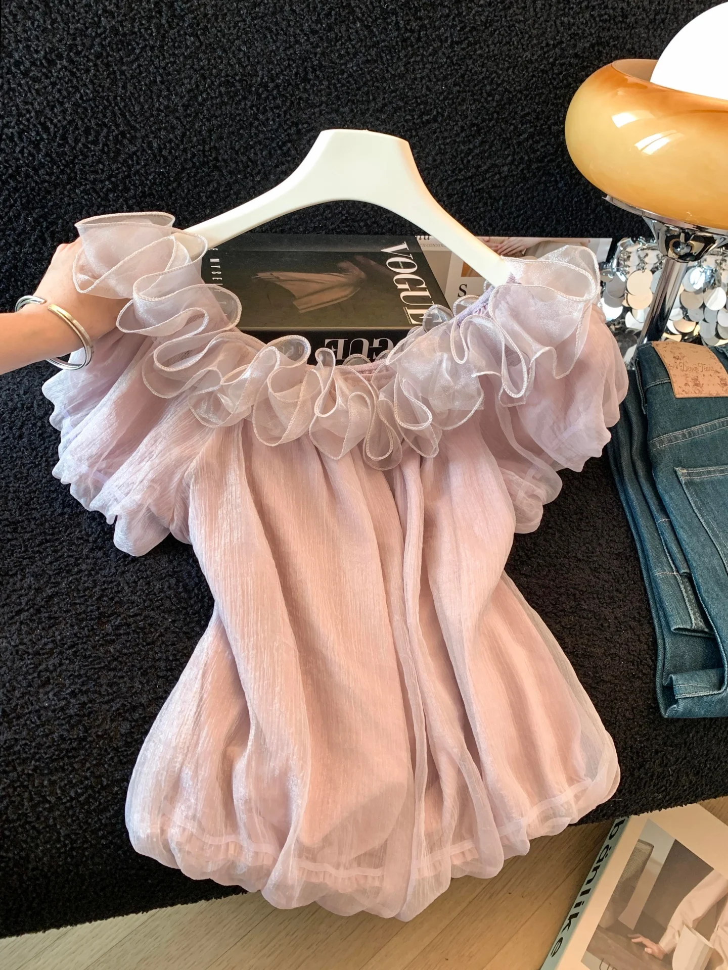 

Gentle Wind Lace Trim Chiffon Top Women Summer New Design Thin One Shoulder Lantern Sleeve Waist Inward Shirt Korean Style Co...