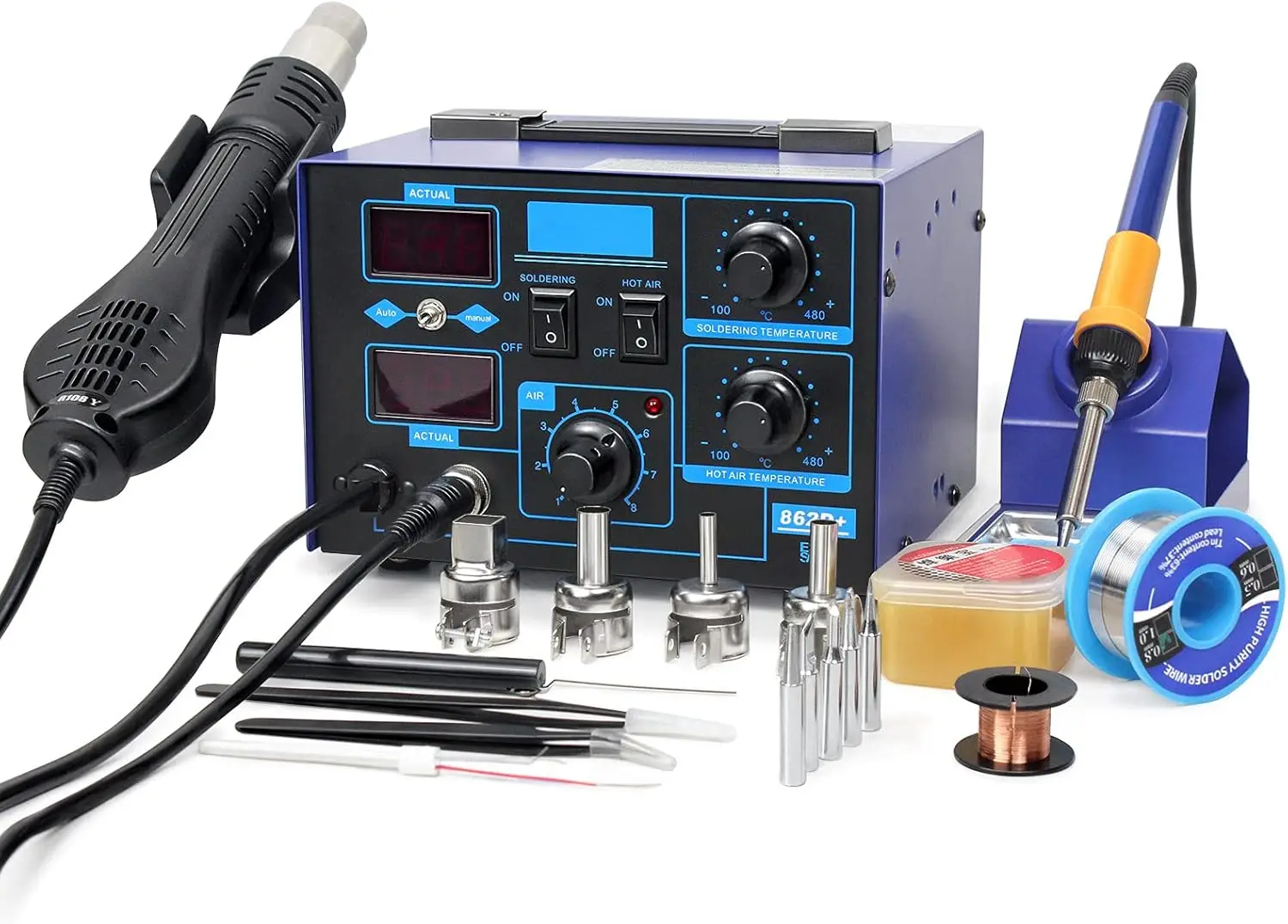 

Паяльник 2в1 862d+ SMD, паяльная станция горячего воздуха с различными аксессуарами (улучшенная версия 852 и 862)