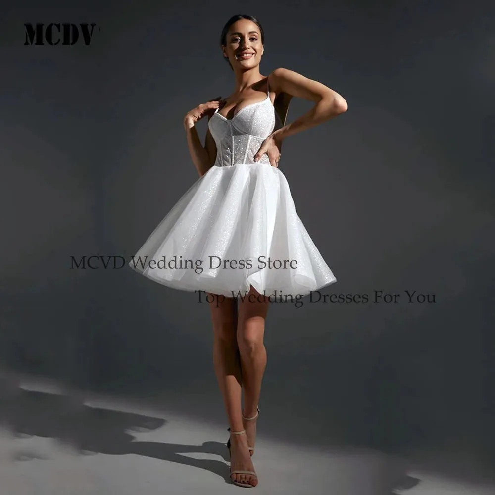 

MCDV Customized Mini Wedding Dresses A Line Sparkling Bridal Dress Sleeveless Lace-up Spaghetti Strap Sexy Prom Party Gown