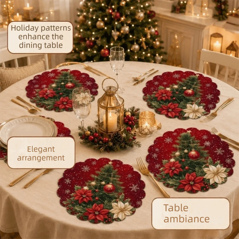 4pcs Santa Claus Christmas Table Placemat Snowman Elk Coaster Round Dining Mat Heat Resistant Non Slip Coffee Cup Mats