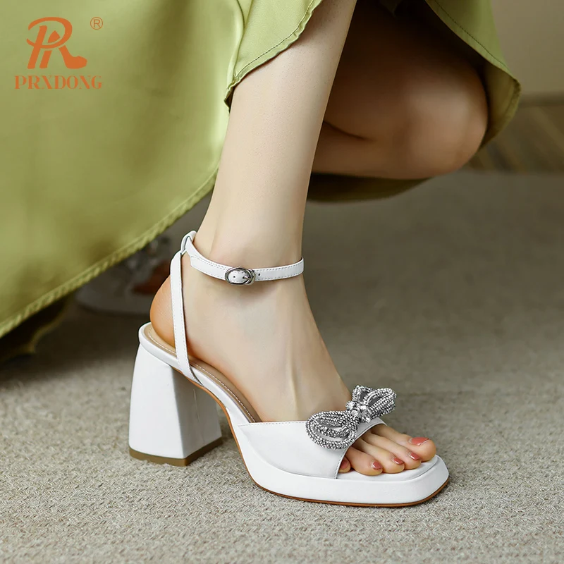 Women\'s 2023 New Summer Genuine Leather Chunky High Heels Platform Silver White Sweet Butterfly-knot Dress Wedding Sandals Shoes