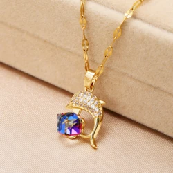 New Design Sense Colorful Crystal Dolphin Pendant Stainless Steel Necklaces For Women Korean Fashion Sweet Sexy Female Jewelry