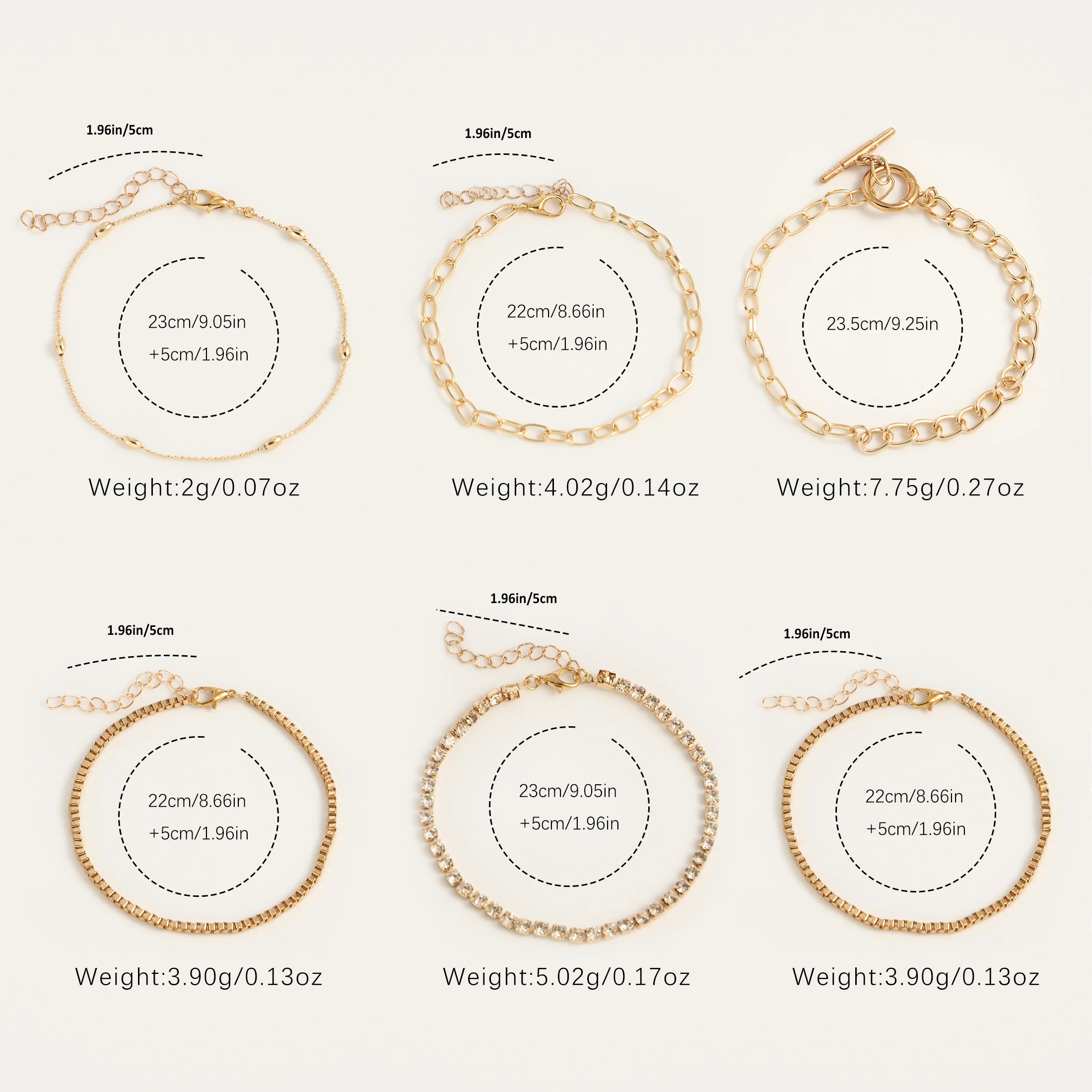 5-Piece Gold Plated Layered Anklet Set, Box & Paperclip & Zircon Chain, Adjustable Hypoallergenic