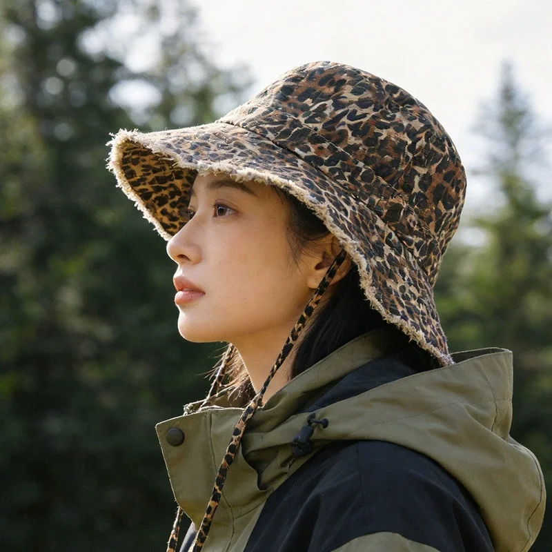 春夏用ヒョウ柄フィッシャーマンズハット-レディース-多用途サンハット-レジャー、キャンプ、ハイキングに最適