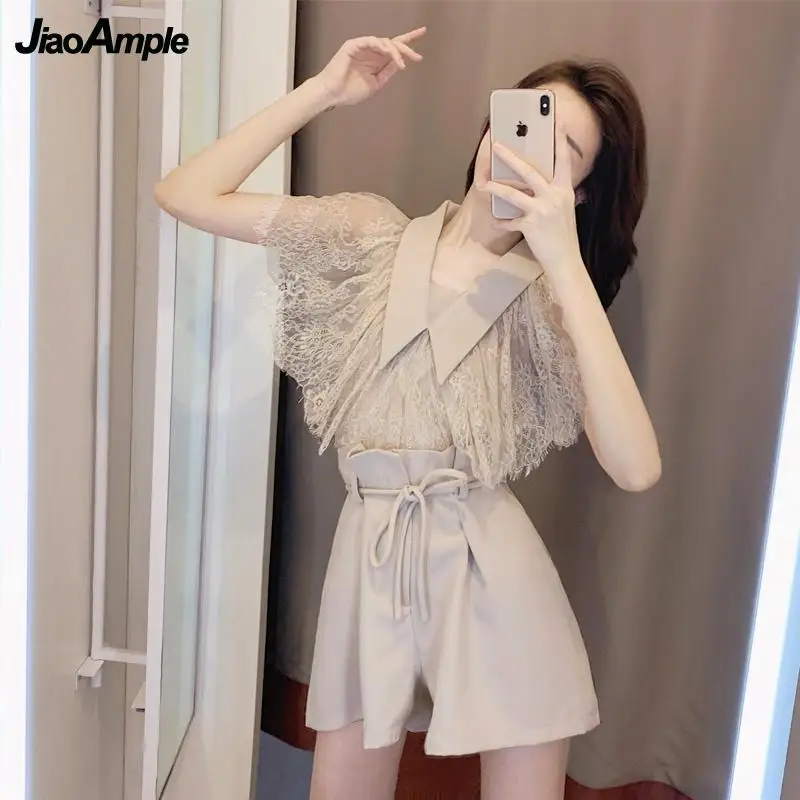 2024 New Summer Vintage Chic Shirt Top Wide Leg Shorts Two Piece Women Fashion Lace Blouse Pants Set Korean Elegant Casual Suit