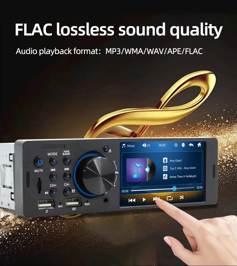 BQCC 1Din 4.1'' Car Radio with Bluetooth Wiring Protection 7-Color Lights FM/TF/USB Touchscreen Car MP5 Player