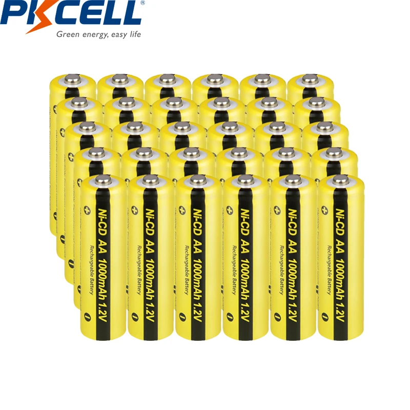 

30 PCS PKCELL 1000mAh 2A NiCd aa Rechargeable Industrial Batteries 1.2V AA Ni-Cd Lawn Solar Light Battery 1.2Volt Button top