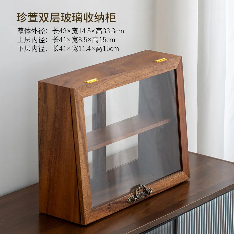 Transparent Glass Pastry Dessert Display Locker Walnut Desktop Storage Cabinet For Tea Ware Cup Dust Proof Home Decor Shelf