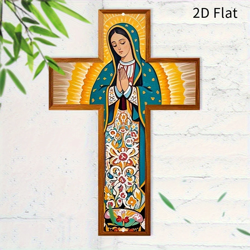 2D Flat - 1pc 2D Printed Metal Cross Featuring a Prayer to The, Measuring 8X12 Inches - a Colorful Floral Guadalupe Mural
