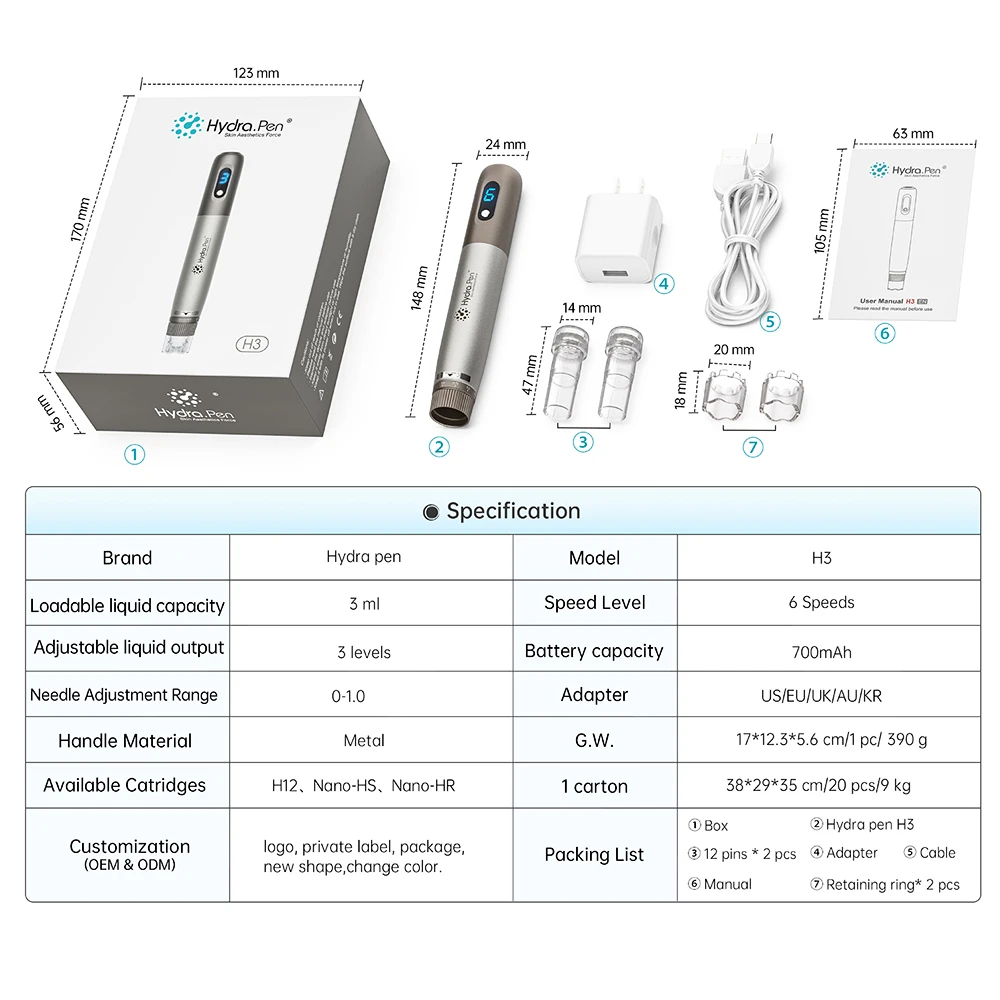 2023最新オリジナルHydra.Pen H 3 Derma Serum Penワイヤレス電動Dermapenプロフェッショナルスキンケアマイクロニードル-無血清