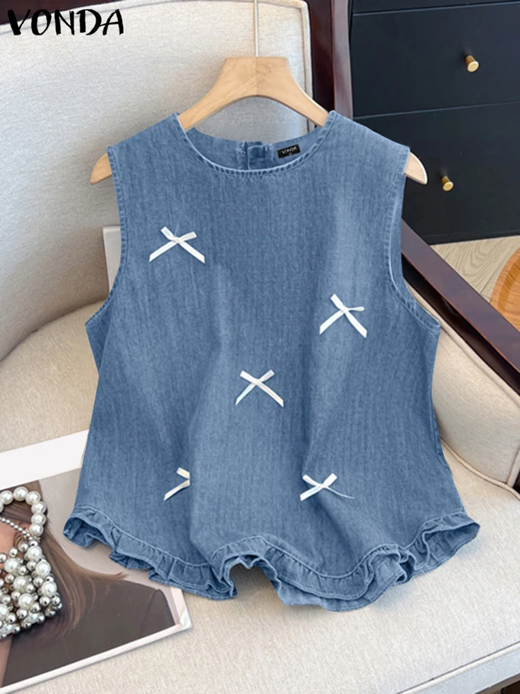 

VONDA модные майки женские летние рубашки 2025 элегантные лоскутные джинсовые майки с бантом повседневные свободные однотонные футболки с рюшами винтажные Blusa
