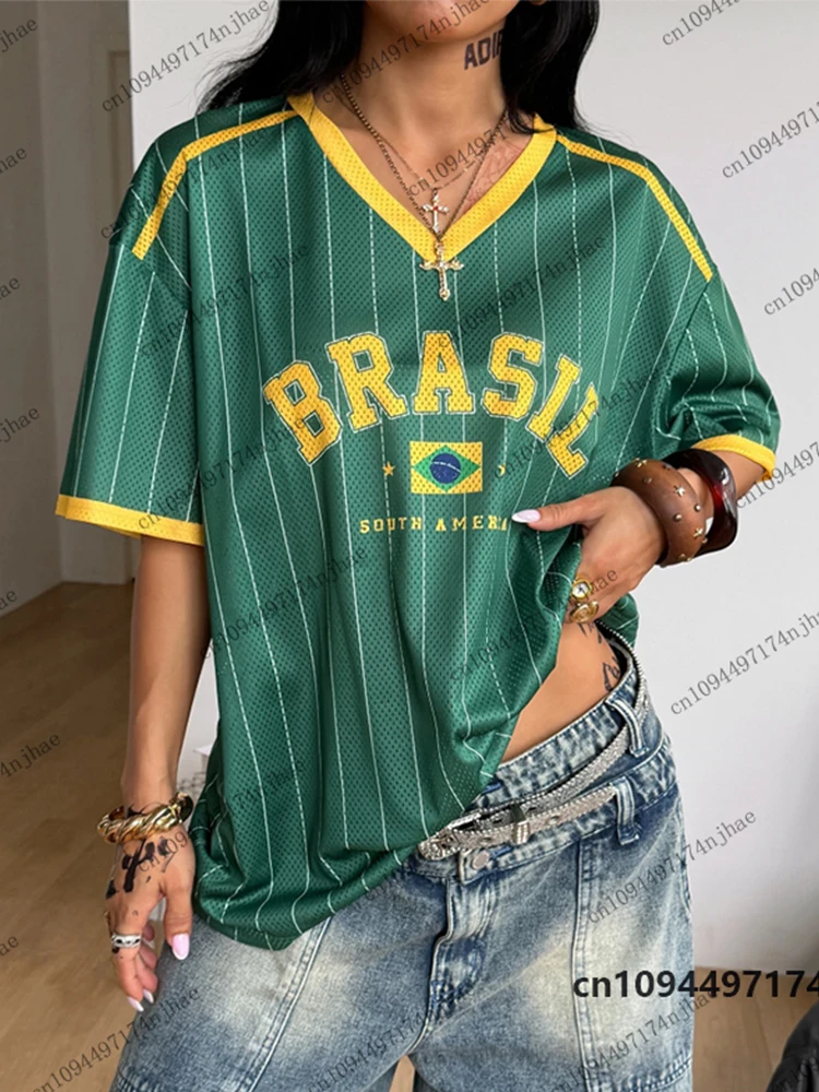 Summer New Stripe Brazil Print T-Shirt For Women V-Neck Vintage Sports Beach Tees Football Jersey Y2K Oversized Surfing Tops