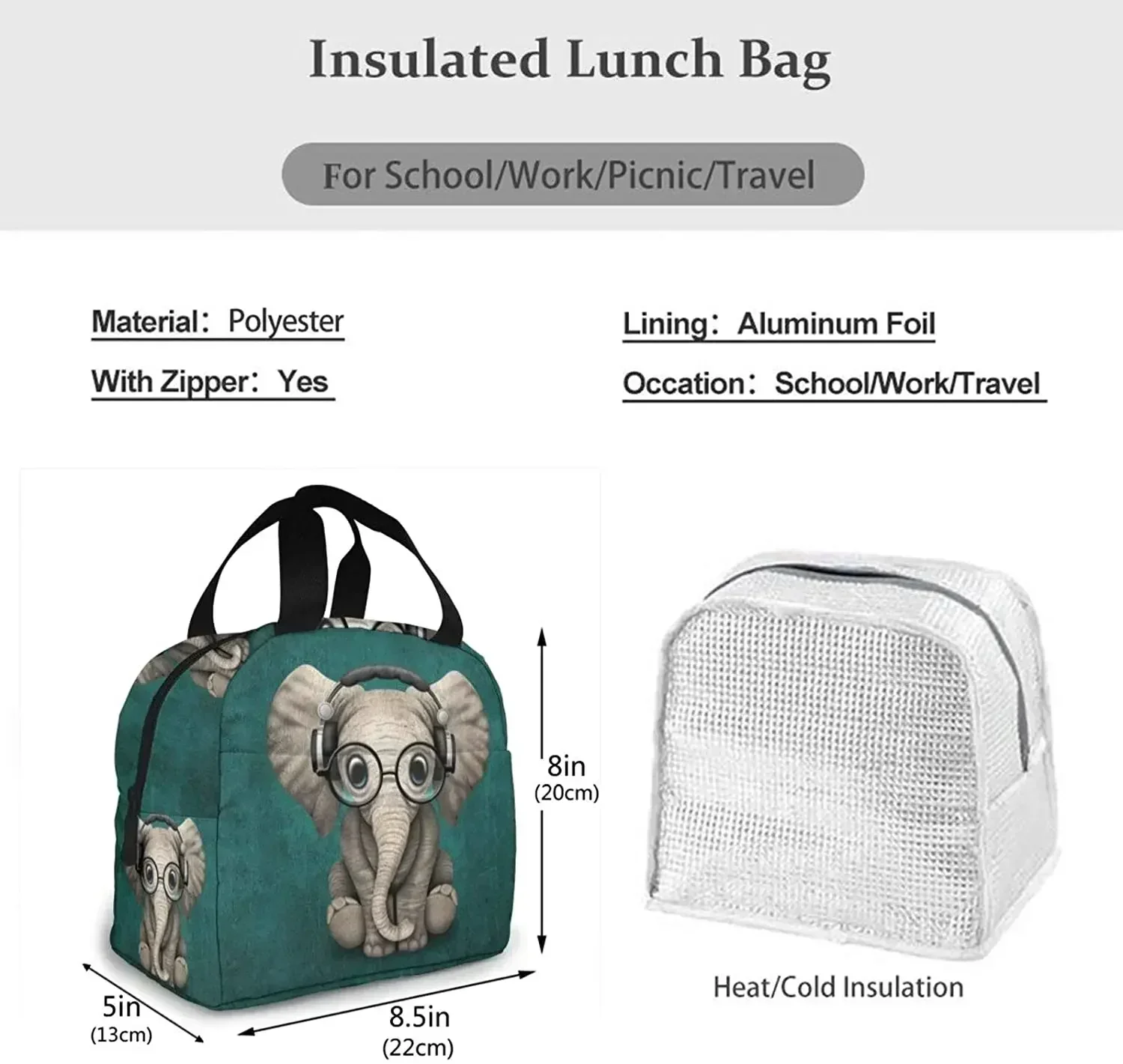 Cute Baby Elephant Lunch Bag Insulated Lunch Box Leakproof Cooler Cooling Tote Bag with Front Pocket for Men Women Office School