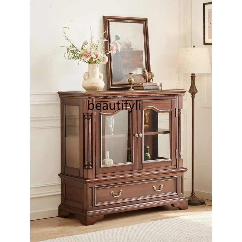 

Solid Wood Low Wine Cabinet Living Room Black Walnut TV Side Cabinet Two-Door Small Display Sideboard Decorative Cabinet