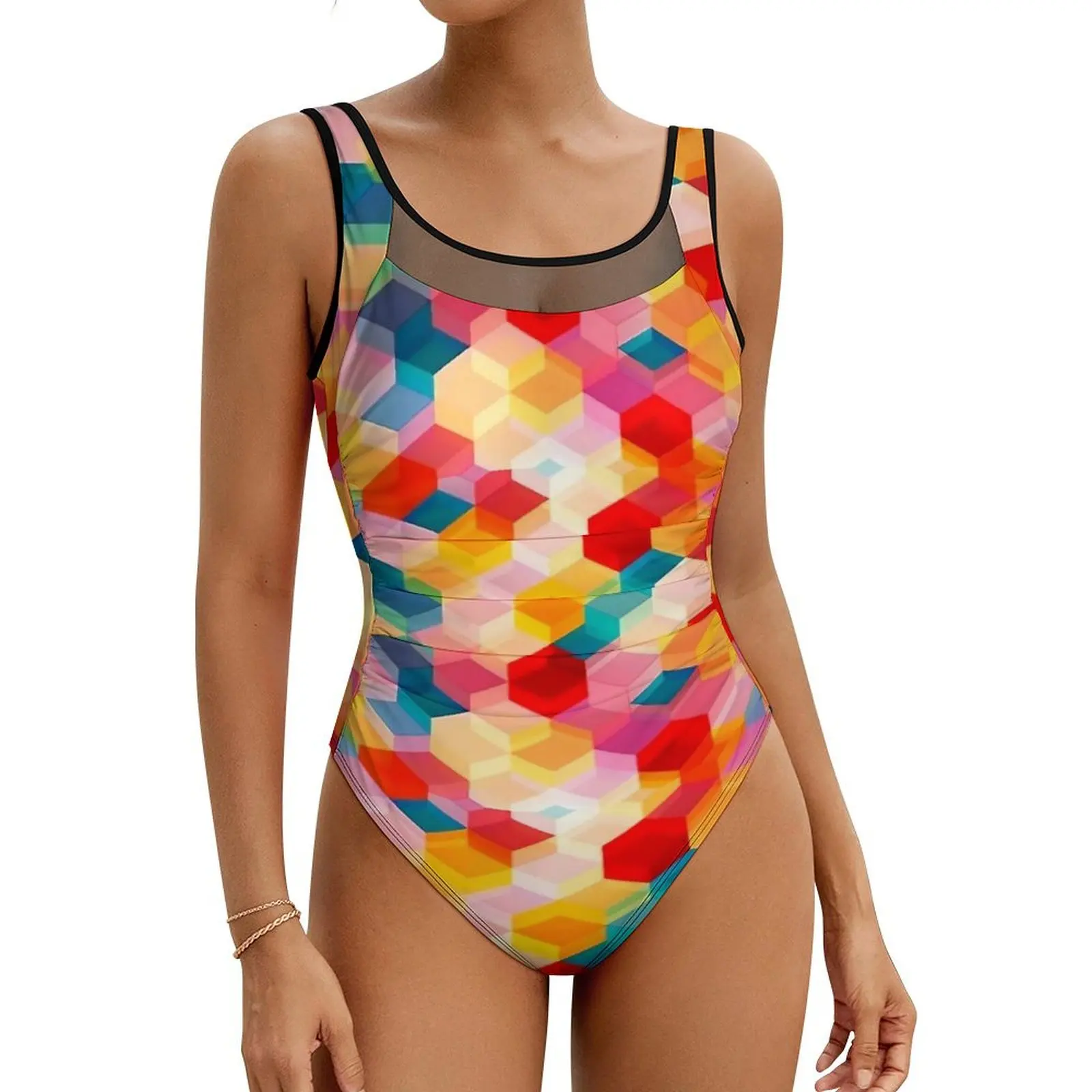 

Colorful Hives Swimsuit Sexy Honeycombs One-Piece Swimwear Push Up Swimsuits Aesthetic Holiday Rave Bathing Suit