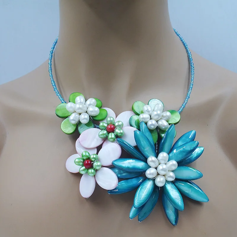 Latest Design Natural Shell Weaving Flower Necklace 19”