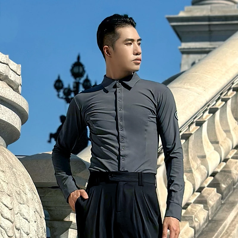 

2023 New Latin Dance Tops For Men Long Sleeved Shirts National Standard Dance Performance Costumes Latin Dance Costumes DN15532