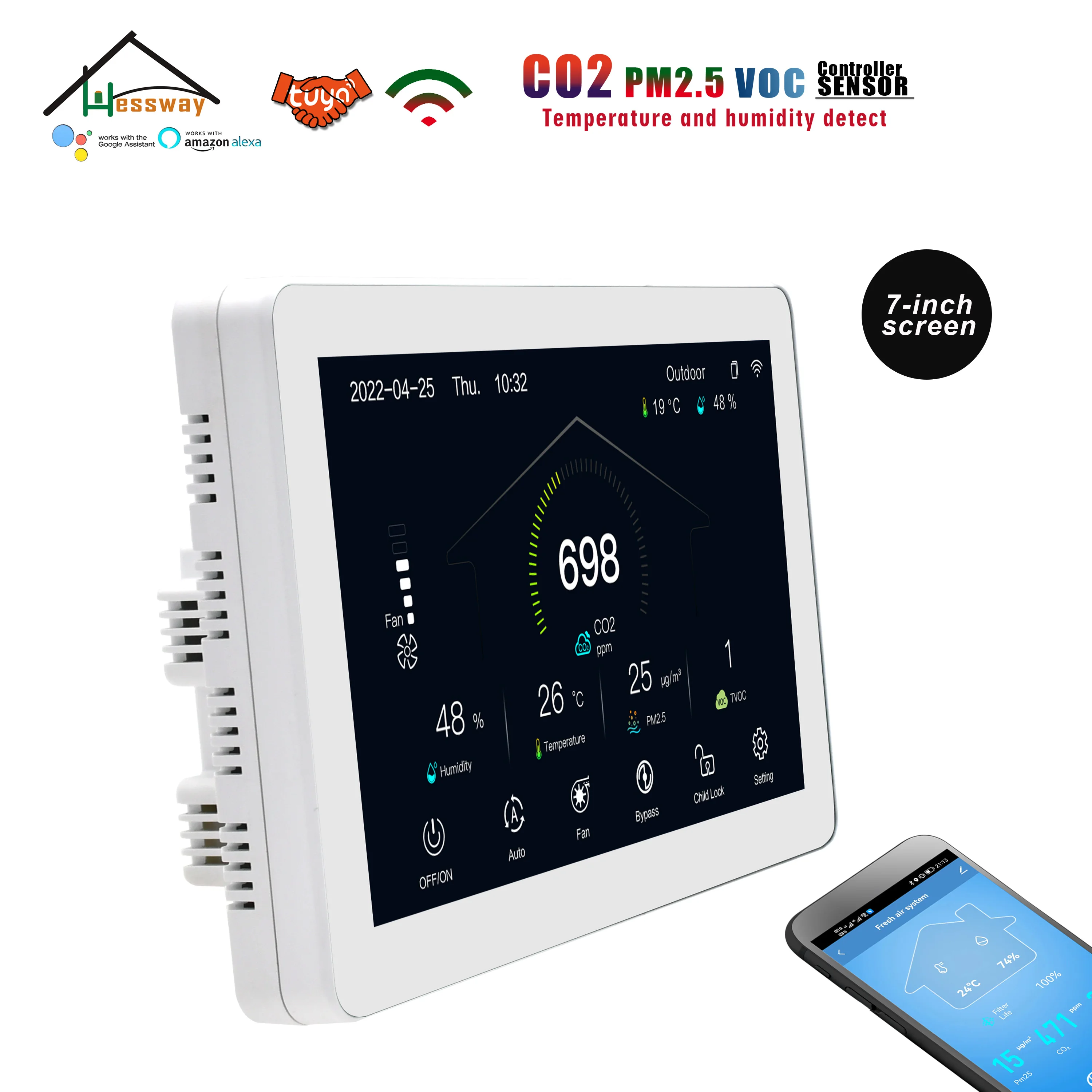 

HESSWAY 7Inch WIFI RS485 5 in1 Carbon Dioxide PM2.5 VOC Temperature Humidity Detector for Fan by EC 0-10V/AC Control Nather NDIR