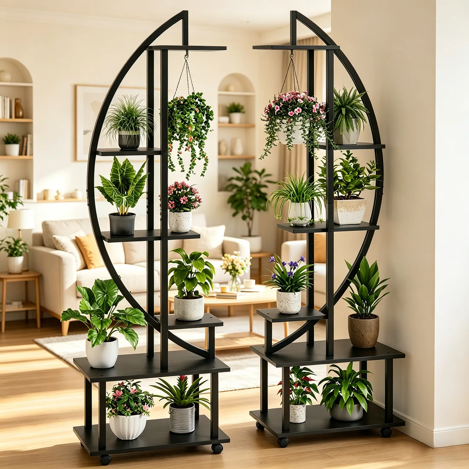 Support de plantes à 6 niveaux sur roulettes, étagère d'angle demi-lune en métal pour pots de fleurs d'intérieur, pour salon et balcon