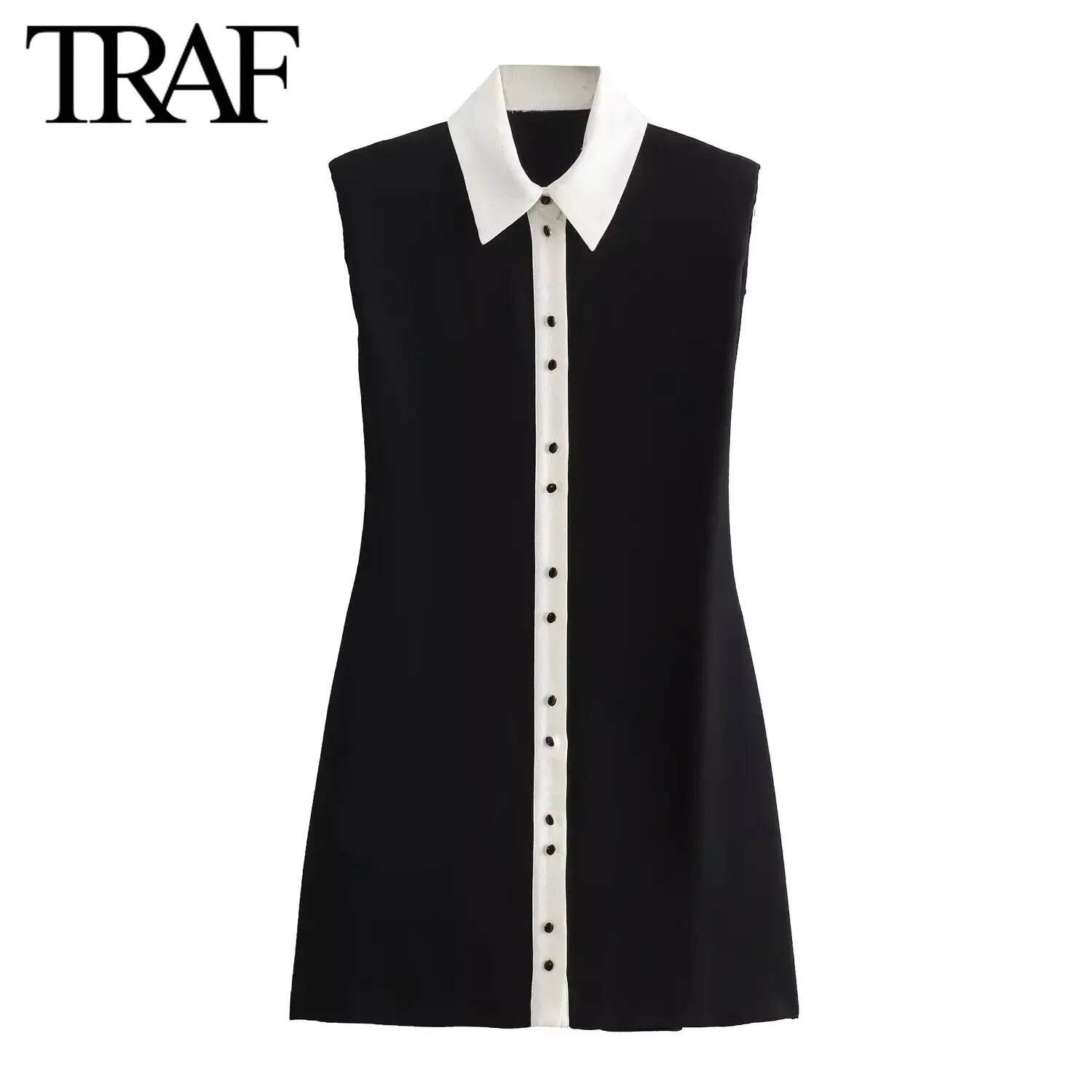 TRAF Women Fashion Summer Contrast Lapel A Line Mini Shirt Dress Chic Female Vintage Short Sleeveless Evening Clothing Mujer