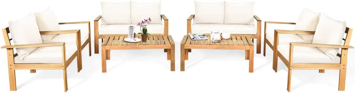 

Outdoor 8-Piece Acacia Wood Chat Set, 8 Seater Acacia Wood Conversation Sofa and Table Set with Water Resistant Cushions