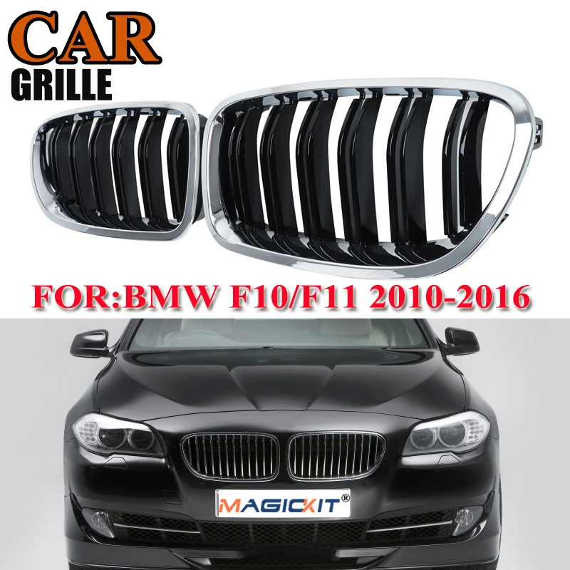 MagicKit One Set of Front Grilles Chrome+Gloss Black+Double Line for BMW 5-Series F10 F11 2010-2017 CAR Accessories