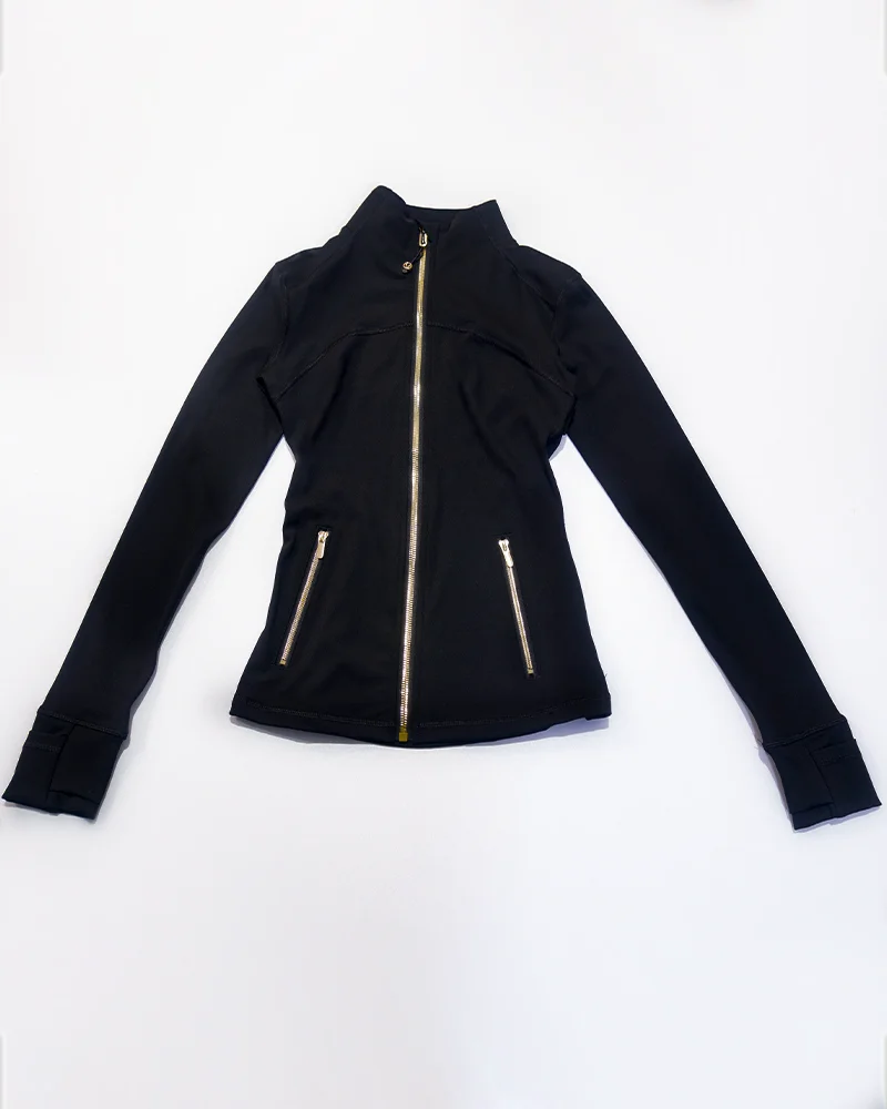 Neue Damen Slim Fit Sportjacke mit Goldreißverschluss, atmungsaktiv, schnelltrocknend, Stehkragen-Stil, Daumenloch-Design, Sportjacke – Detail 20