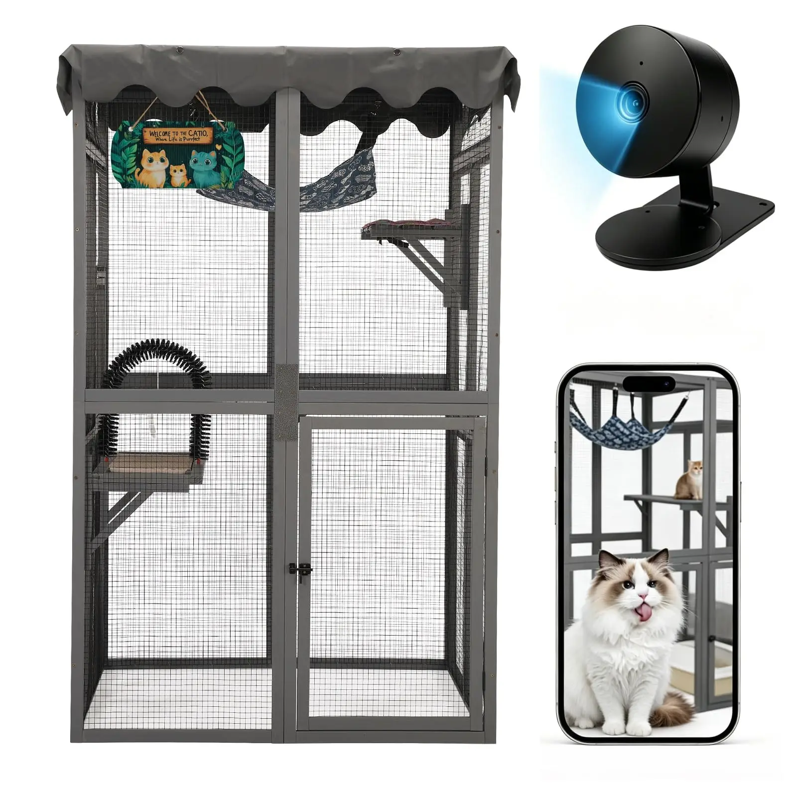 Wooden Catio 40x33x64 Smart Camera Multi-Level Cat Enclosure