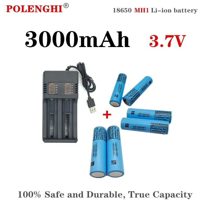 POLENGHI-Bateria de lítio multifuncional recarregável, 100% segura e durável, capacidade verdadeira, plana NCR, MH1, 3.7V, 3000mAh, 18650