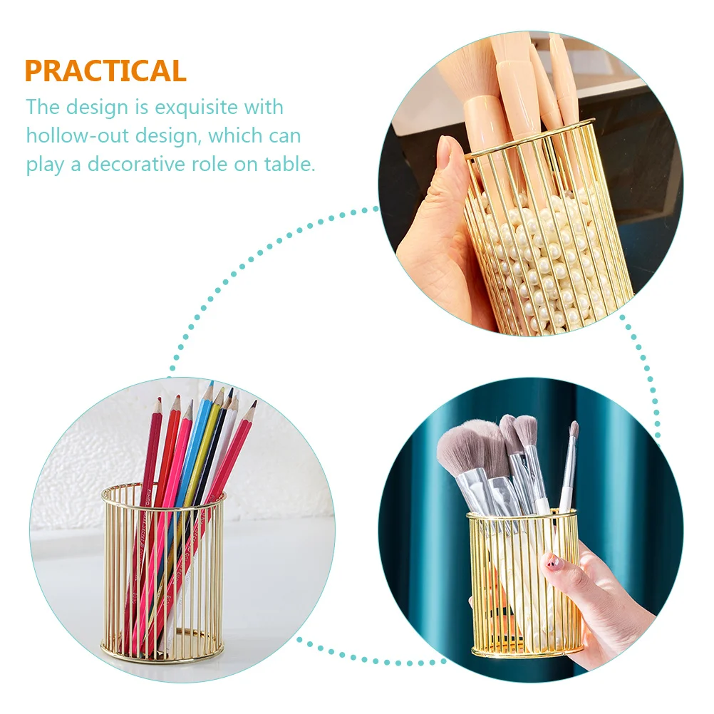 

Golden Pen Holder Iron Desktop Organizer Decorative Stationery Bucket For Office Supplies Makeup Brushes Storage