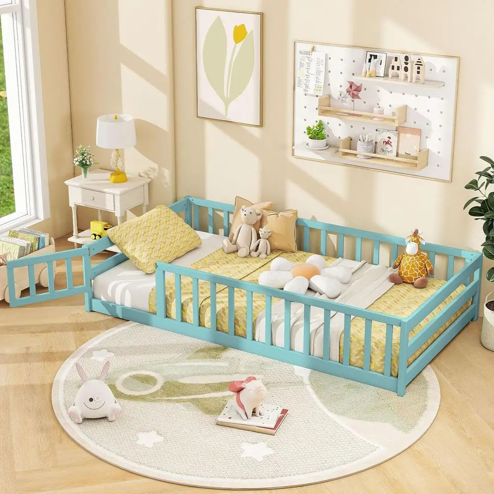 Twin loor ed with Door & ence, Kids Wood Montori eds with Saety Guardrails, loor ed Twin or Kids, oys, Girls, No ox Spring Neede