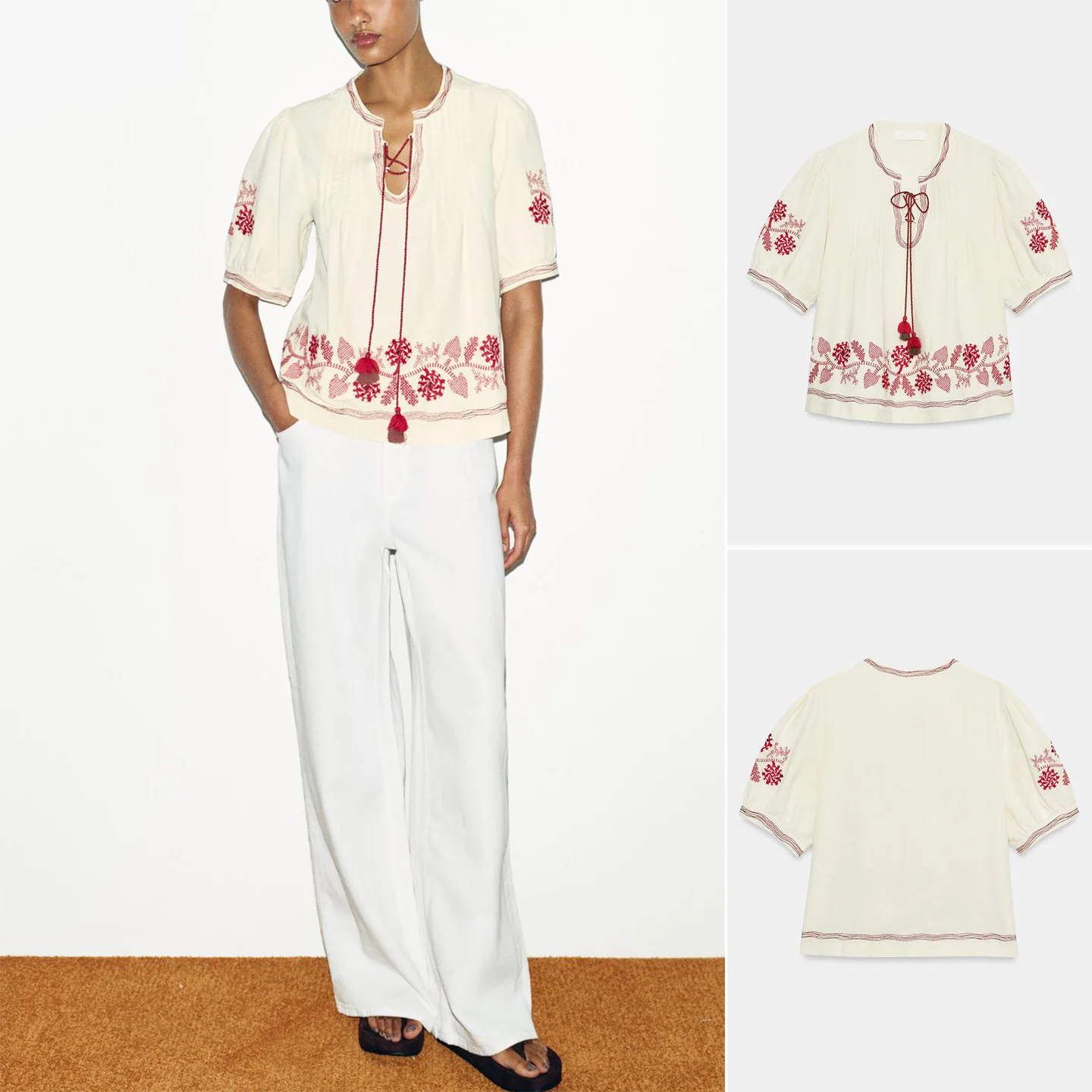 

Elegant Short Sleeve round Neck Tassel Embroidered Shirt Women's Top New Summer Fashion Polyester Skin-friendly Breathable