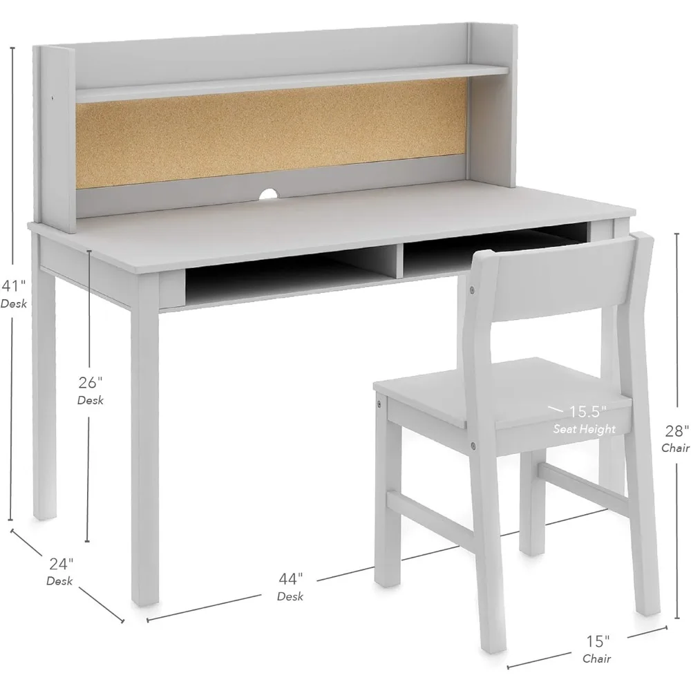 Kids' Desk with Hutch and Chair Set - Gray (Ages 5-12 years)Children's Wood Study Computer Table w/ Storage Shelf,Bulletin Board