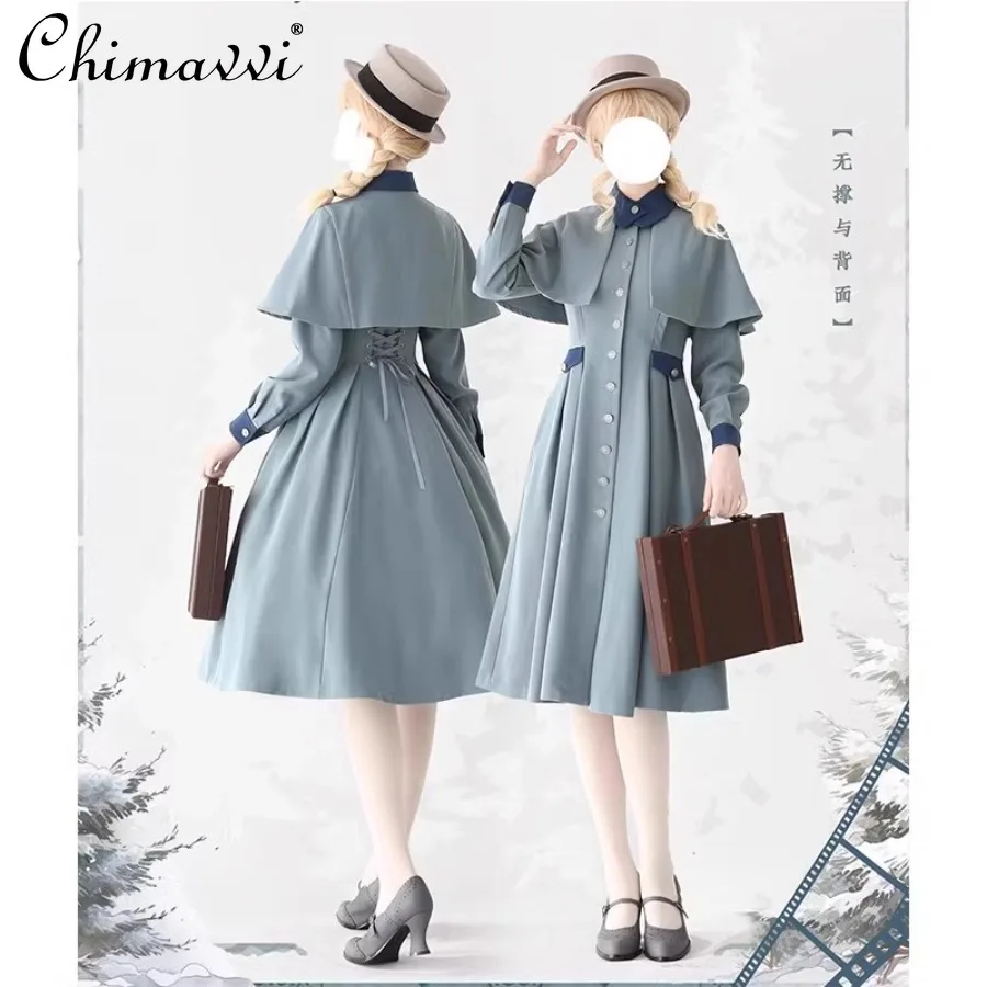 Gray-blue Retro Classic Single-breasted Jacket Spring Autumn New Lolita Style Slim Long-sleeved Elegant Mid-length Dress Coat