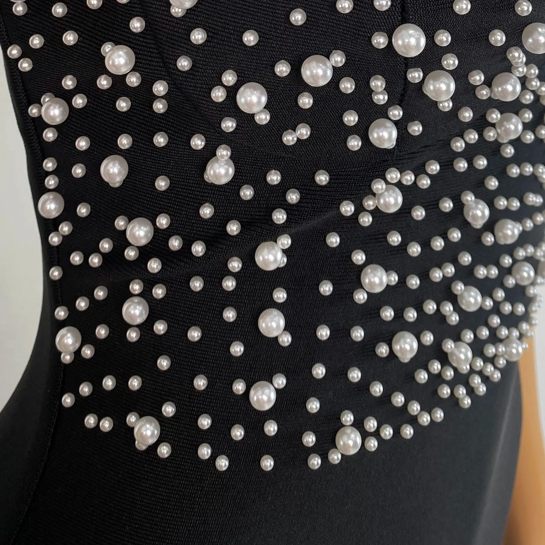 Vestido Bandage negro de verano para mujer, vestido largo con tirantes finos y cuello en V con perlas y pedrería, vestidos de fiesta para discoteca de noche de calle alta