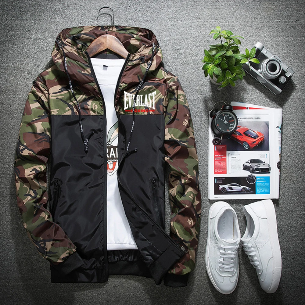 Everlast 2025 primavera otoño nuevas chaquetas con capucha para hombres abrigos militares de camuflaje ropa cortavientos informal con cremallera